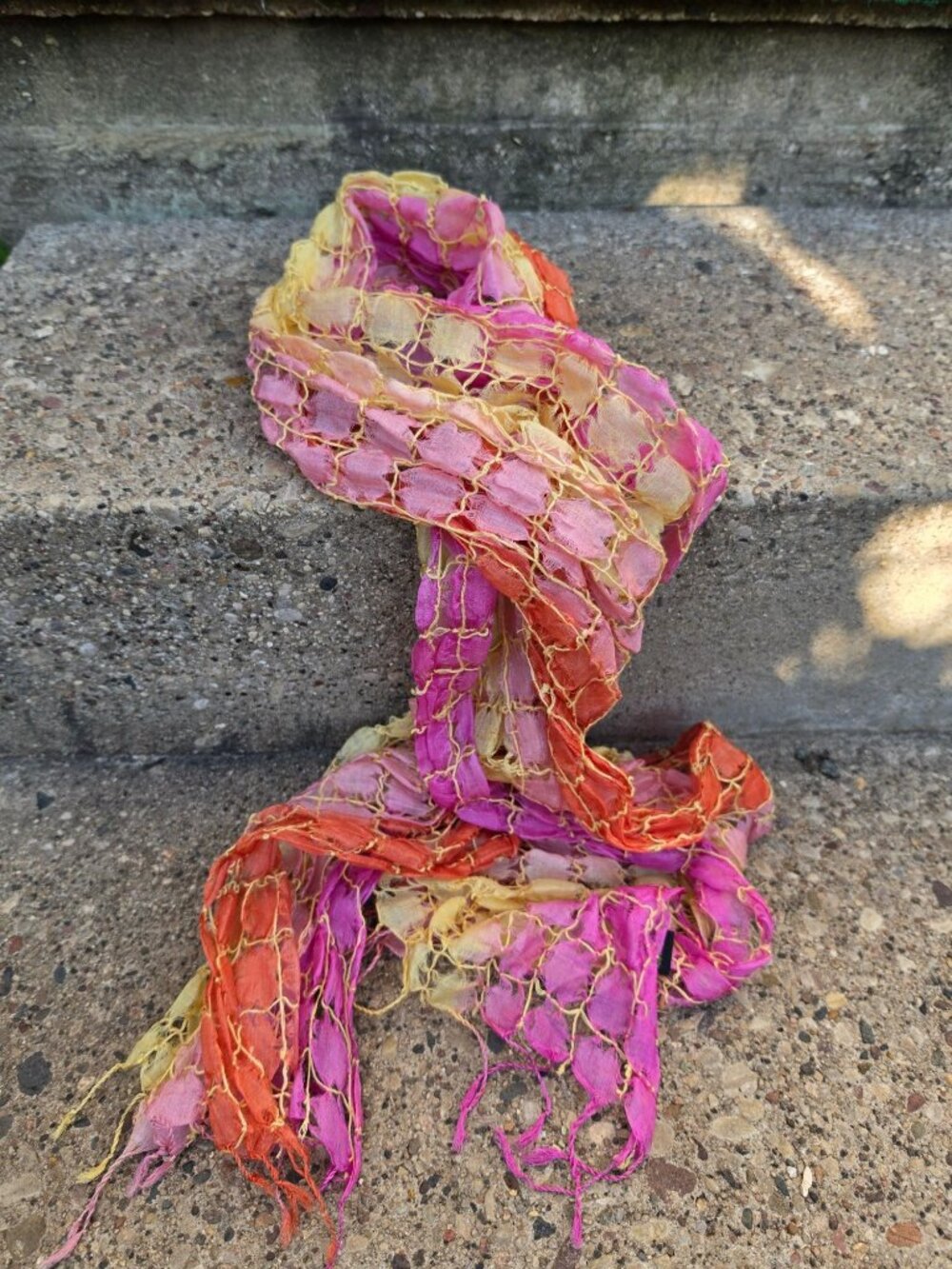 100% Silk Lattice Scarf Ombre Boho Belt Orange Pink Fuchsia Yellow